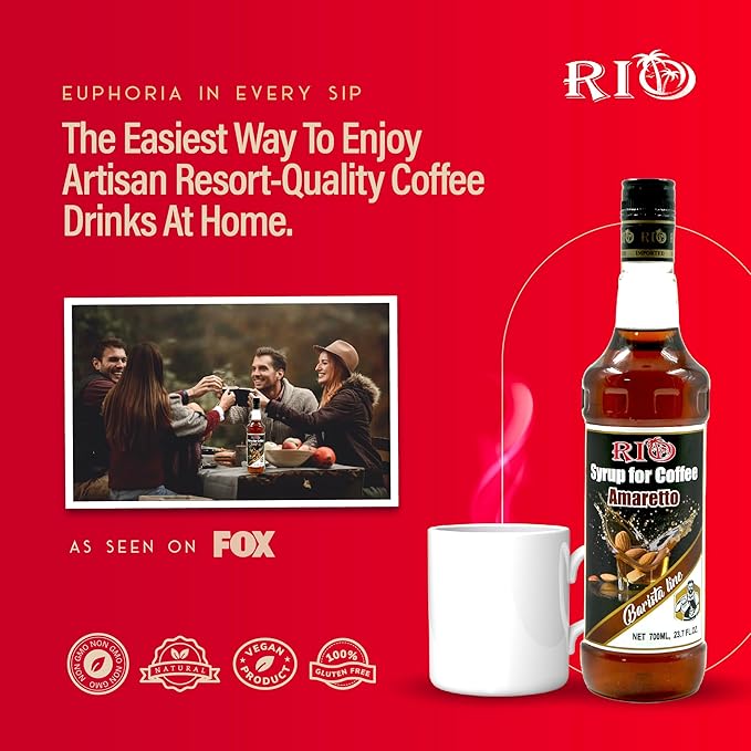 RIO Amaretto Coffee Syrup, Perfect for Hot or Iced Drinks & Desserts, Sweet & Nutty Taste, Sweetened with Pure Cane Sugar, Barista-Grade Flavor Syrups for Coffee Drinks at Home & Work - 700ml