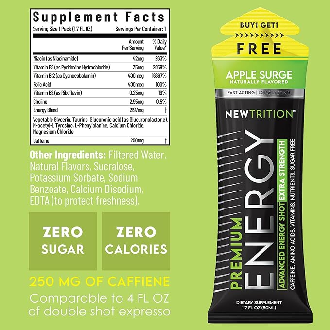 NewTrition® Extra Strength Energy Shots, 250mg Caffeine Energy Shots with Vitamin B & Amino Acids, Sugar-Free Vitamin Energy Shot, 1.7 fl oz (Pack of 12, 4 Flavors-Mixed-2)