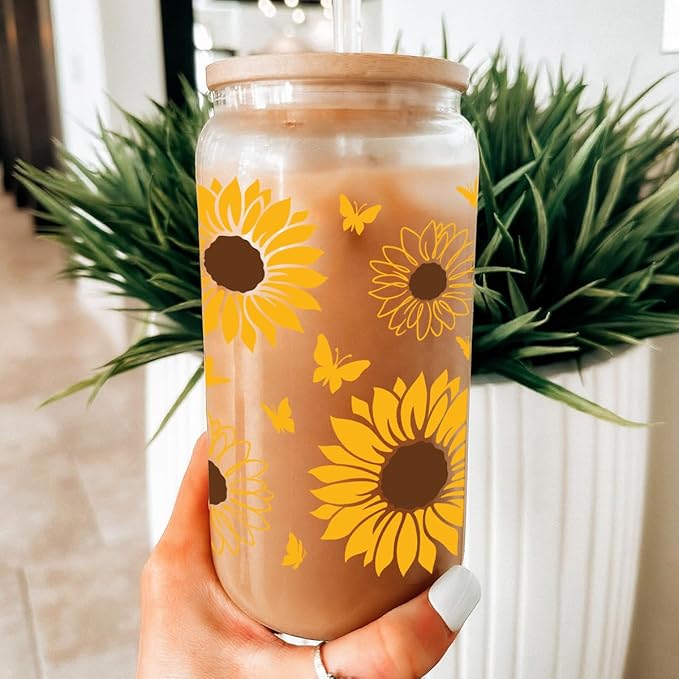 Sunflower Gifts for Women - Sunflower Cup 16 Oz Can Glass Coffee Cups with Bamboo Lid and Straw - Gift for Birthday