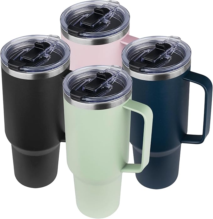 40 oz Tumbler with Handle and Flip Straw, 100% Leakproof Insulated Tumbler with Lid and Straw, Stainless Steel Travel Coffee Mug, Insulated Coffee Thermal Cup for Cold and Hot (Black)