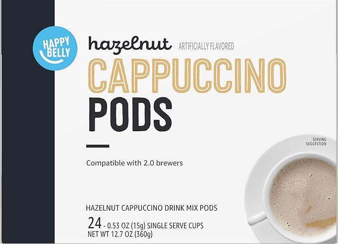 Amazon Brand - Happy Belly Light Roast Cappuccino Coffee Pods, Hazelnut Flavored, Compatible with K-Cup Brewers, 24 Count (Pack of 2)