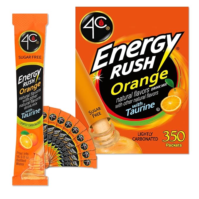4C Powder Energy Rush Stix, Energy Rush - Orange 350 Count, Bulk Buy, Singles Stix, On the Go, Refreshing Water Flavorings, Value Pack