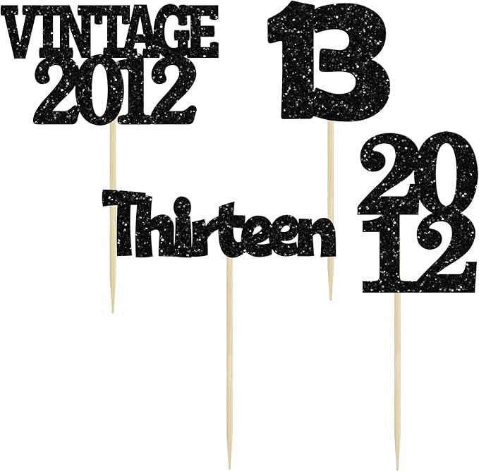 Gyufise 24Pcs 13th Birthday Cupcake Toppers Glitter Thirteen Vintage 2012 Official Teenager 13 Cupcake Picks 13 Years Birthday Cake Decorations for Happy 13th Anniversary Party Supplies Black