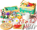 80Pcs Kitchen Playset, Toddler Pretend Cooking with Pots, Pans, Cookware, Food, Picnic Blanket, Fruits, Veges, Shopping Storage Basket, Dessert , Learning Gift for Girls Boys (White)