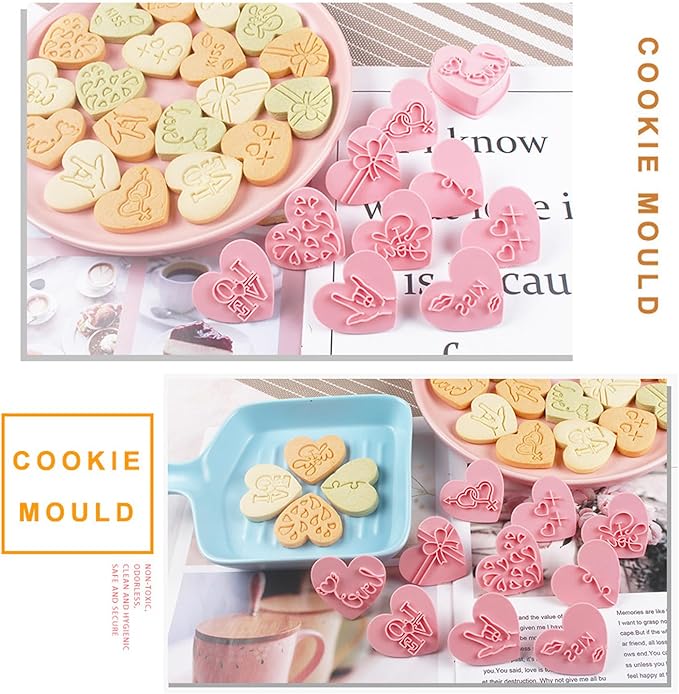 10 Pcs Heart Cookie Cutter Set, 3D Pressable Biscuit Cutter and Stamps, Valentine's Day Cookie Molds Wedding Party DIY Cake Decorating Kit (D)