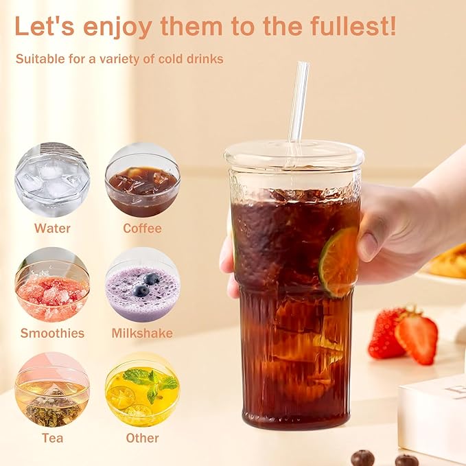 GOSCHE Glass Cups with Lids and Straws, 20oz Glass Cups Drinking Jar, Clear Iced Coffee Cups, Vintage Ripple Glass Tumbler for Water Coffee Tea, Clear, 2Pcs