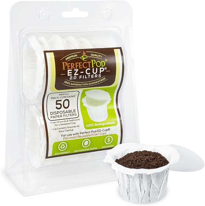 Perfect Pod EZ-Cup Paper Coffee Filters with Patented Lid for Single-Serve Coffee Brewers and Coffee Pods, Compatible with Keurig, 9-Pack (450 Filters)