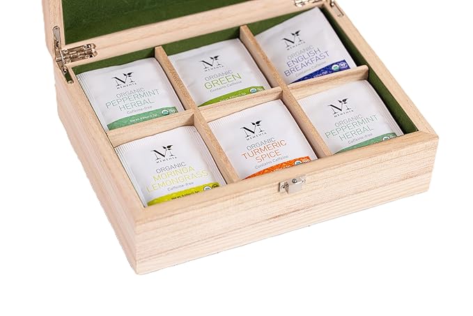 Mementa Inc Organic Wooden Tea Chest - 60 Tea Bags Individually Wrapped : Assorted Tea Variety Pack containing Black, Green, and Herbal caffeine-free teas : Tea Sampler Tea Set