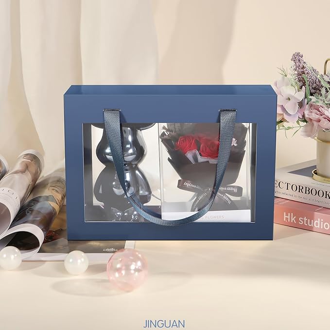 JINGUAN 5 Navy Blue Gift Boxes with Windows, Clear Magnetic Gift Boxes for Presents, Groomsman Proposal Boxes (11x8x3.2 Inches)