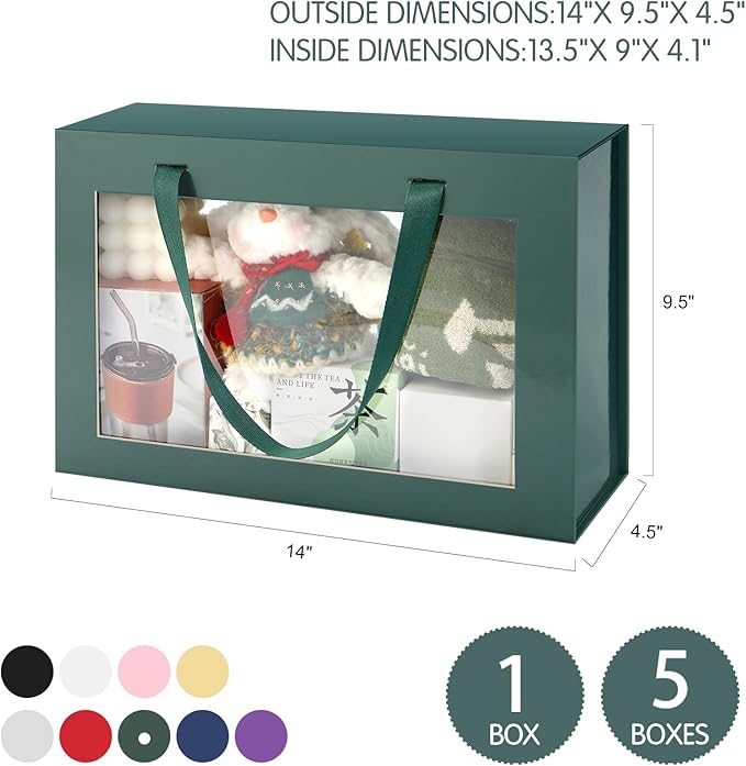 Large Green Clear Gift Boxes, 13.5x9x4.1 Inches Gift Boxes with Windows by Handles, Bridesmaid Proposal Boxes, Collapsible Gift Boxes with Magnetic Closure (Glossy Green, 5 Pack)