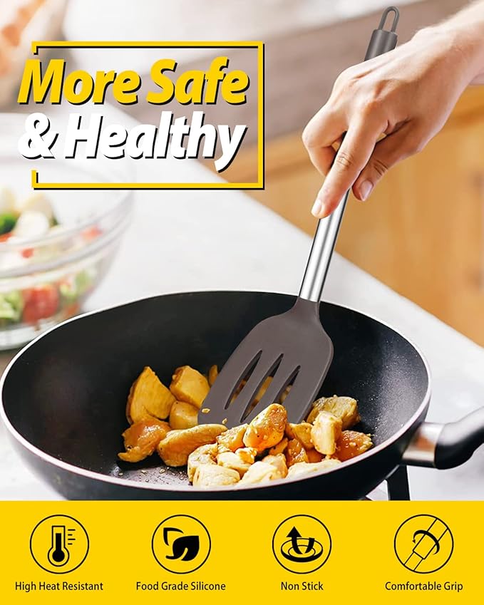 Pack of 2 Silicone Solid Turner, Non Stick Slotted Kitchen Spatulas, High Heat Resistant BPA Free Cooking Utensils, Ideal Cookware for Fish, Eggs, Pancakes(Chocolate)