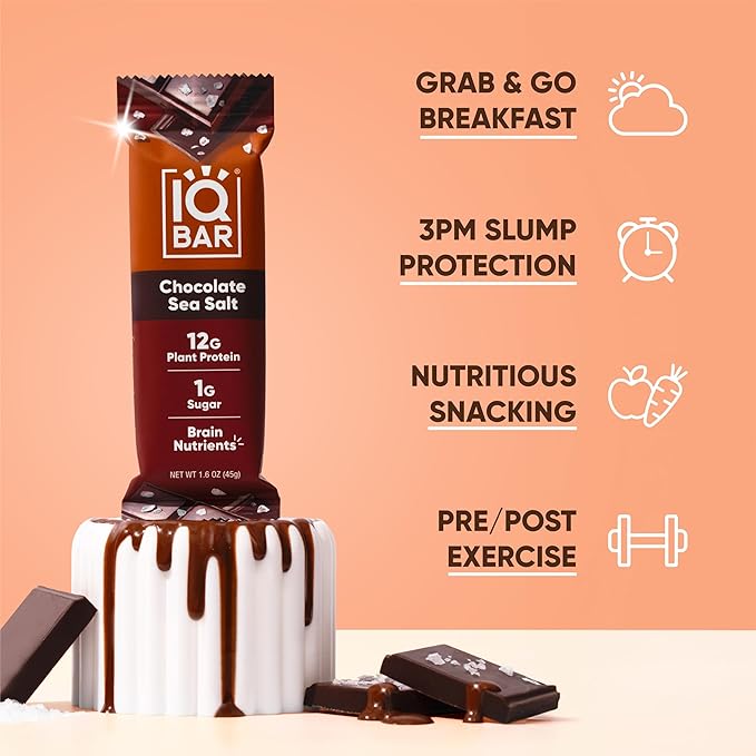 IQBAR Brain and Body Plant Protein Bars - Chocolate Sea Salt - 12-Count - Keto, Vegan, Low Carb, High Fiber, Gluten Free, Dairy Free, Low Sugar Snack with Nutrients for Focus, Energy, Meal Replacement