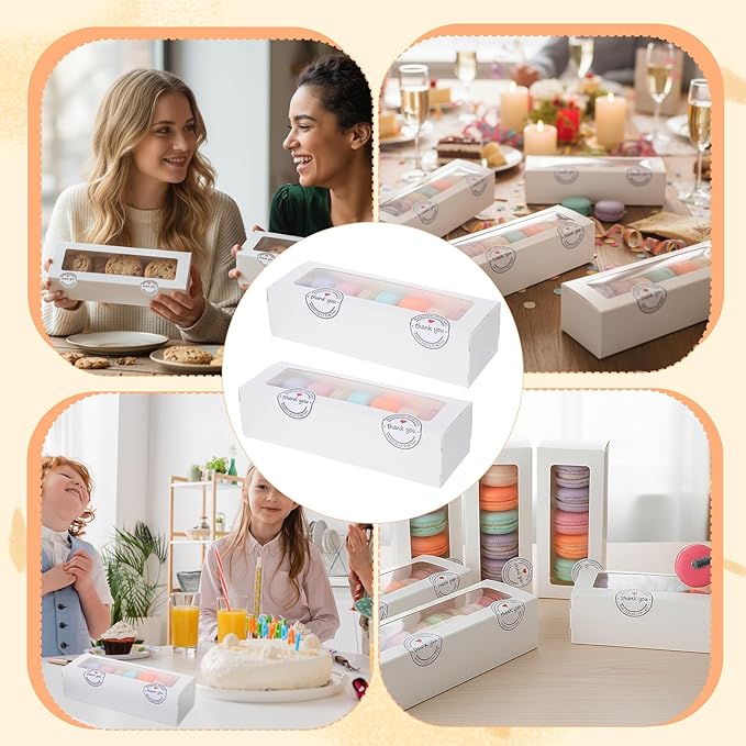 100 Pack White Macaron Boxes with Clear Window, Pastry Boxes with 100 Pcs Stickers, Packaging for 6-10 Macarons, Cookies, Truffles, Wedding DIY Gift Giving, 8x3x2 Inches
