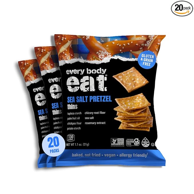 Every Body Eat Snack Thins, Gluten & Grain Free, Vegan, School Safe Lunch Snacks, Pretzel (20 Single Serve Bags, 1oz)