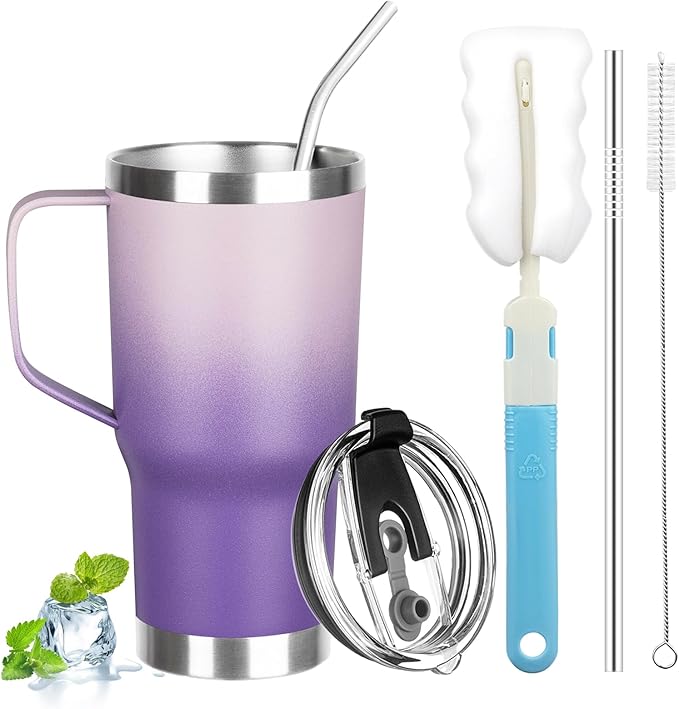 20 oz Tumbler with Handle, Stainless Steel Insulated Tumbler with Lid and Straw, Double Wall Vacuum Coffee Mug Tumbler, Insulated Coffee Thermal Cup for Cold and Hot (Light Dark Purple, 20, ounces)