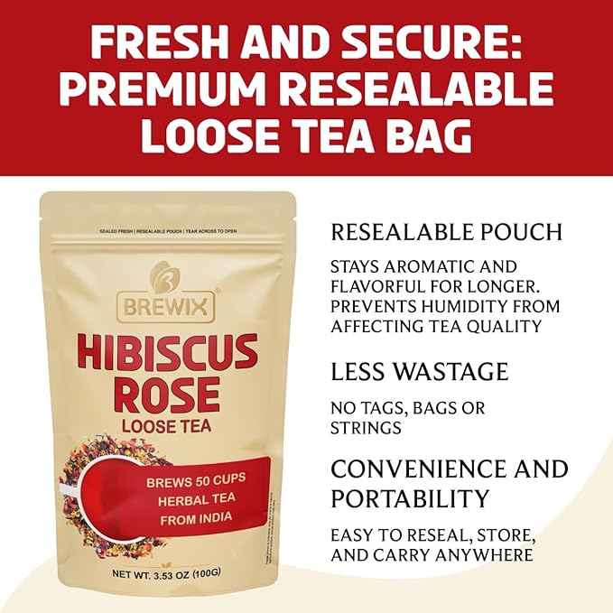 BREWIX, Hibiscus Rose Herbal Loose Tea (50+ Cups) | 100% Natural, Handmade, Pure from Hibiscus Flowers | Hibiscus with Rose Petals, Chamomile and Exotic Spices | Supports Everyday Wellness, Digestion and Cardiovascular System | Rich in Antioxidants & S...