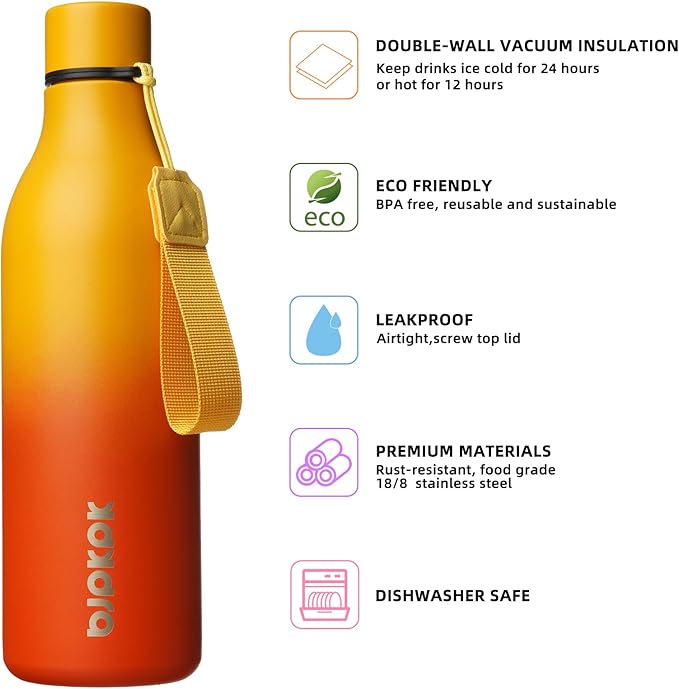 BJPKPK Insulated Water Bottles, 25 oz Stainless Steel Metal Water Bottle with Strap, BPA Free Leak Proof Thermos, Mugs, Flasks, Reusable Water Bottle for Sports & Travel, Sunset Orange