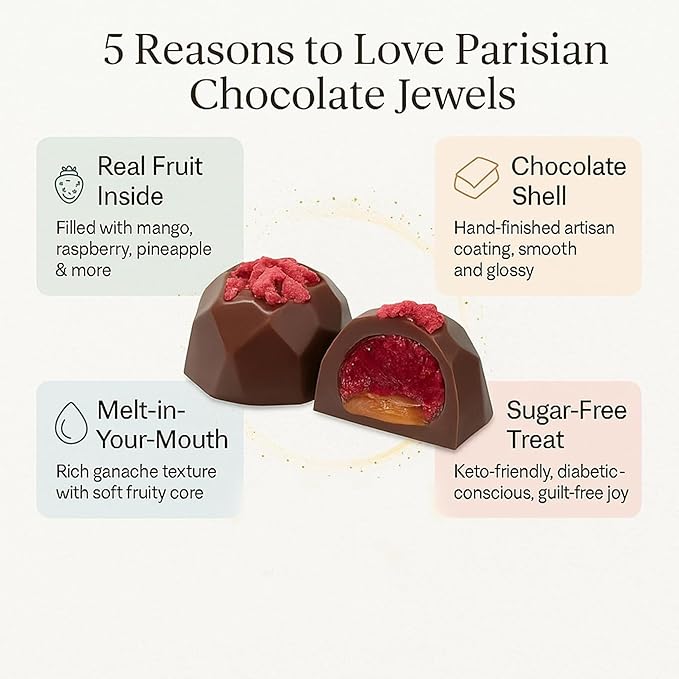 Andy Anand Chocolatier Belgian Chocolate Truffles - 25 Pcs Parisian Chocolate Truffles Gift Box With Mango, Pistachio, Pineapple, Raspberry & Strawberry, Decadent Belgian Truffles (25 Pcs, 8 Oz)