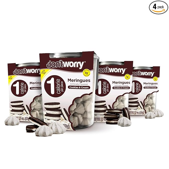 Don't Worry Low Calorie Meringue Cookies - 4 Pack - Cookies & Cream, Just 1 Calorie per Piece | Low Sugar Candy, Gluten Free, Protein Snacks | Keto Friendly and Healthy Snacks for Adults