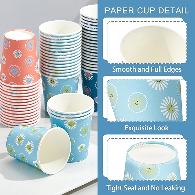 300 Pack 5 oz Paper Cups, Disposable Bathroom Cups, Small Mouthwash Cups, Hot/Cold Beverage Drinking Mini Cup for Party, Picnic, BBQ, Travel (Daisy)