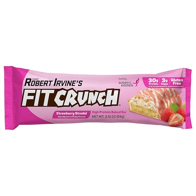 FITCRUNCH Full Size Protein Bars, 6-Layer Baked Bar, 3g of Sugar, Gluten Free & Soft Cake Core (12 Bars, Strawberry Strudel)