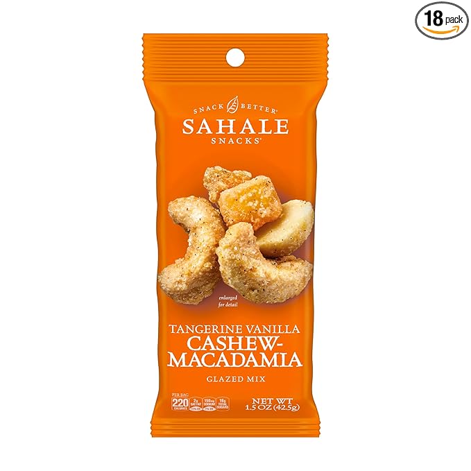 Sahale Snacks Tangerine Vanilla Cashew-Macadamia Glazed Mix,1.5 oz Grab & Go Bags(18 Packs)Dry-Roasted Deluxe Mixed Nuts with Mangoes & Madagascar Vanilla-Non-GMO,Kosher,& Certified Gluten Free Snacks