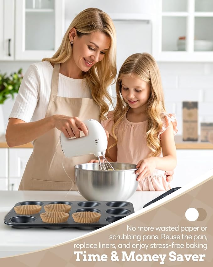 2 Pack Muffin Pan for Baking, Standard Cupcake Pan includes 100 Natural Cupcake Liners, Muffin Tin Nonstick 12 Cup, Baking Pans Set, Carbon Steel Baking Supplies