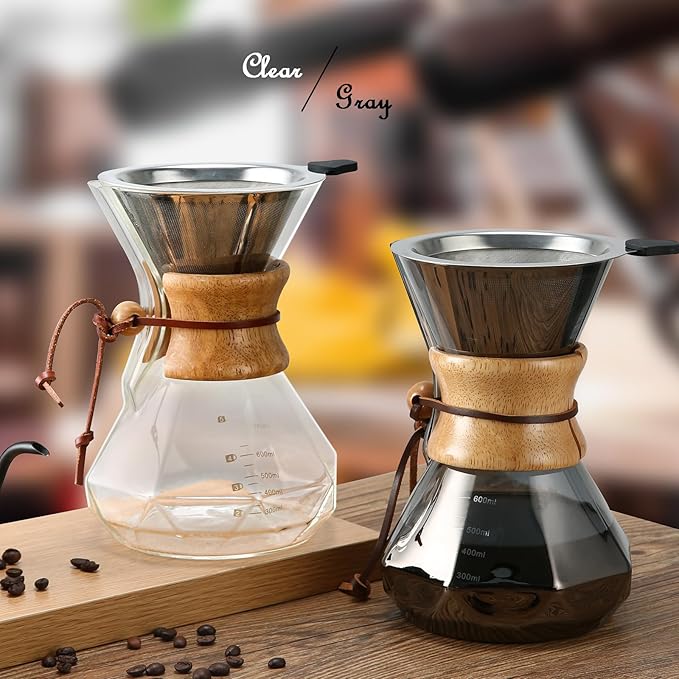 Pour Over Coffee Maker with Stainless Steel Filter, 20 oz Borosilicate Glass Coffee Carafe, Wooden Collar, Coffee Maker Carafe, Hold 3-4 Cups, 600 ml, Gray