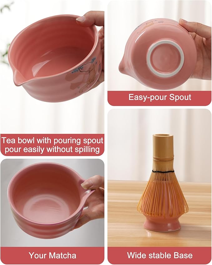 Matcha Set - Japanese Matcha Kit Set 7-Pcs: Ceramic Bowl (Chawan), Matcha Whisk and Holder, Bamboo Scoop, Scoop Rest, Sifter and Towel - Authentic Tea Ceremony Tools for Tea Lovers (Hot Pink)