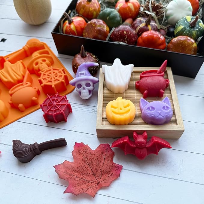 2 Pack Halloween Chocolate Candy Silicone Mold Halloween Molds Ghost Pumpkin Bat Skull Witch Hat Gummy Fondant Baking Mold for DIY Ice Cube Sugar Halloween Party Cupcake Cake Decorating
