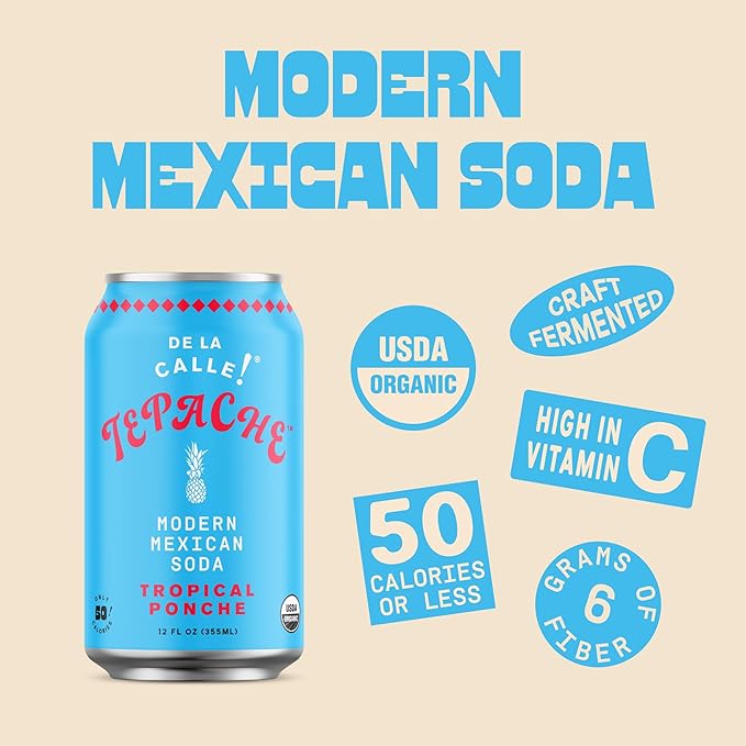 De La Calle Tepache - Tropical Ponche - Modern Mexican Soda - Craft Fermented Pineapple Sparkling Beverage - Certified Organic, Antioxidant Rich, Non-Alcoholic, Healthy Soda, Low Sugar, Low Calorie, Non-GMO