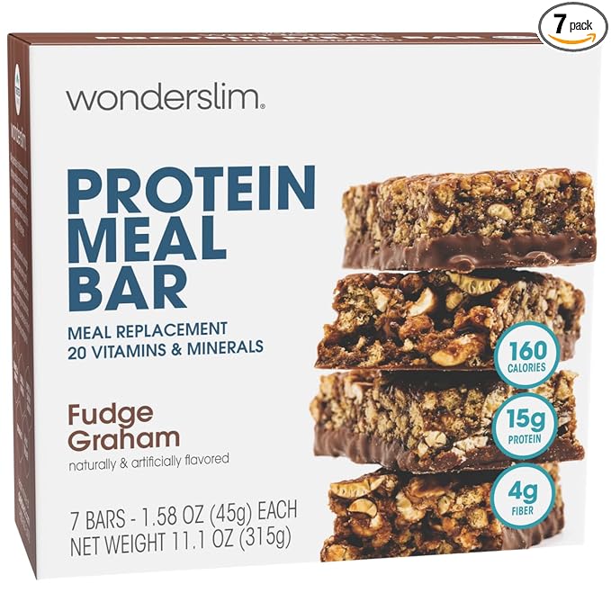 WonderSlim Meal Replacement Protein Bar, Fudge Graham, 15g Protein, 20 Vitamins & Minerals (7ct)