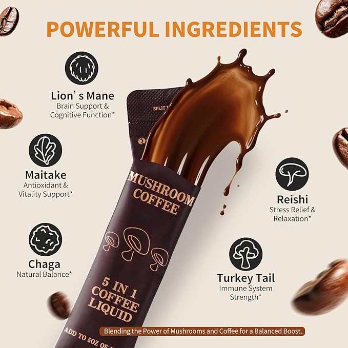 Cold Brew Mushroom Coffee, 15 Packets, Coffee Concentrate Liquid with 5 Adaptogenic Mushrooms, 100% Arabica Bean Extract for Immunity - Sugar Free, Keto, Vegan