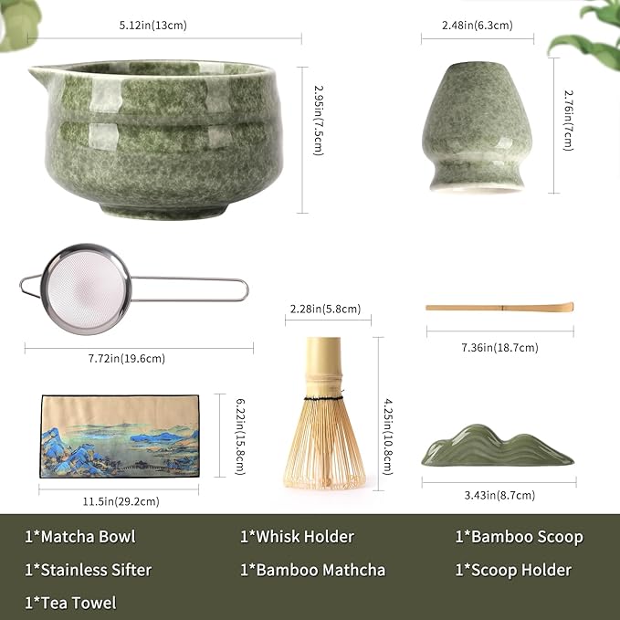 Japanese Matcha Whisk Set - 7-Piece Kit Bamboo Chasen, Ceramic Bowl with Spout, Stainless Steel Sifter & Holder Green