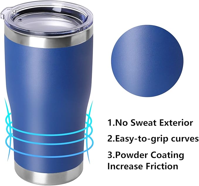 DOMICARE 20oz Stainless Steel Tumblers with Lid, Powder Coated Tumbler, Double Wall Vacuum Insulated Coffee Travel Mug(Dark Blue, 12)