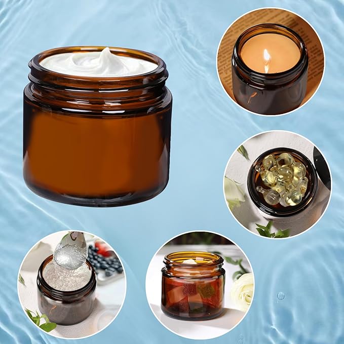 1 oz Glass Jars with Lids,3 Pack Clear Small Glass Cosmetic Jars with Lids,60 ml Empty Glass Makeup Containers for Sample, Cream, Lotion,Powder (1 OZ, Amber)