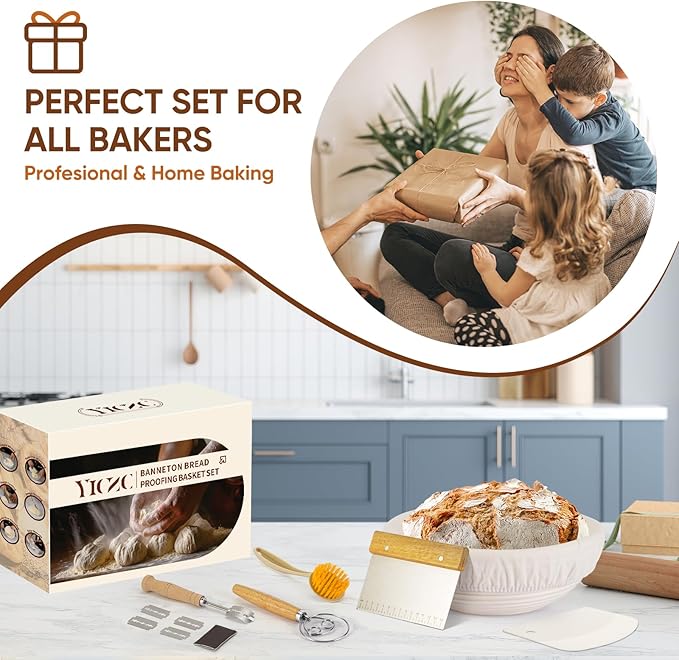 Bread Proofing Basket Set, Round 9" Sourdough Proofing Basket for Bread Making Tools and Supplies, Sourdough Bread Baking Supplies, Ideal Basket Gift Set for Artisan Bakers