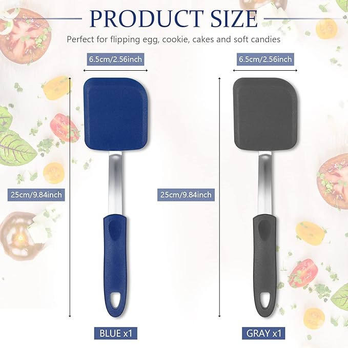 Silicone Cookie Spatula Turner 2 Pack Mini Brownie Spatula Flexible Kitchen Small Silicone Turner for Nonstick Cookware Heat Resistant No Scratch Flipper for Egg Pancake(Gray, Blue)