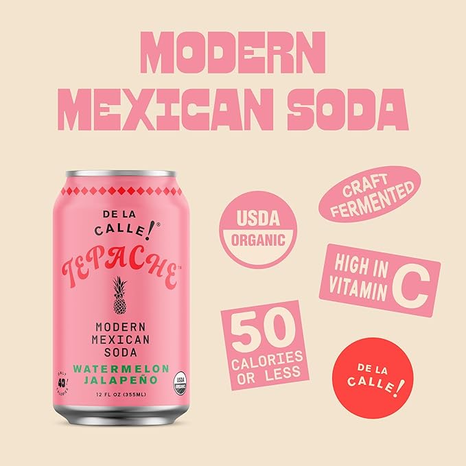 De La Calle Tepache - Watermelon Jalapeño - Modern Mexican Soda - Craft Fermented Pineapple Sparkling Beverage - Certified Organic, Antioxidant Rich, Non-Alcoholic, Healthy Soda, Low Sugar, Low Calorie, Non-GMO