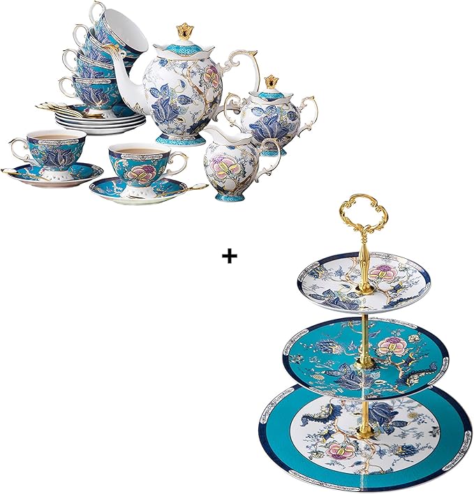 ACMLIFE Bone China Tea Sets with Cake Stand 3 Tiers for 6 Adults, 21 Piece Vintage Tea Cup Set, Blue Floral Tea Sets for Women Tea Party or Gift Giving China/English Tea Cup Set
