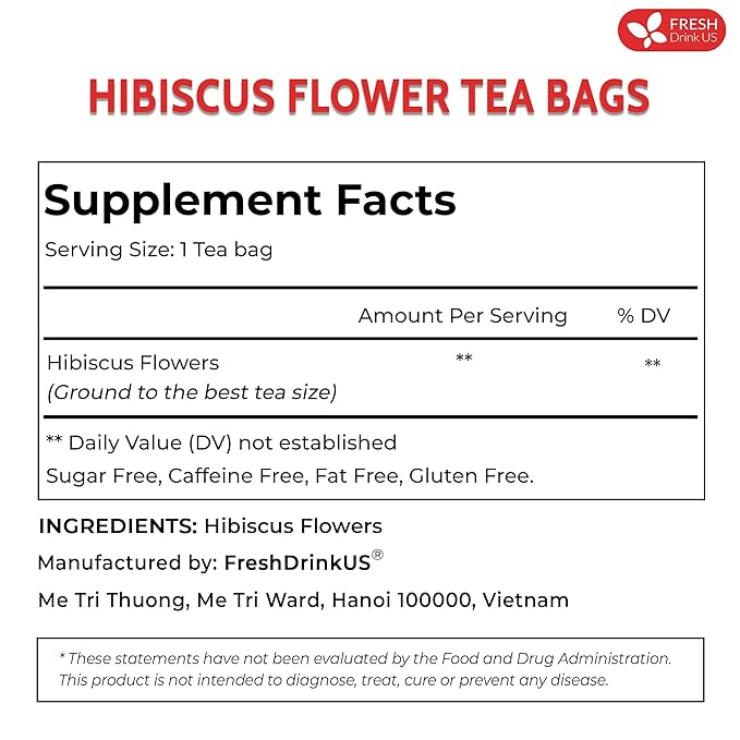 FreshDrinkUS, Premium 115 Hibiscus Flowers Tea Bags, 100% Natural & Pure. Loose Flower Hibiscus Herbal Tea. No Sugar, No Caffeine, No Gluten, Vegan.
