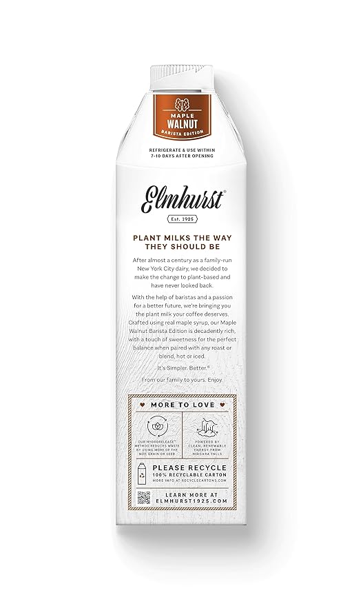 Elmhurst 1925 Maple Walnut Milk Barista Edition – 32 Ounce (Pack of 6) Plant-Based, Extra Creamy, Vegan, Dairy-Free, Non-GMO, Kosher, Sweetened with Real Maple Syrup for Flavorful Lattes & Iced Drinks