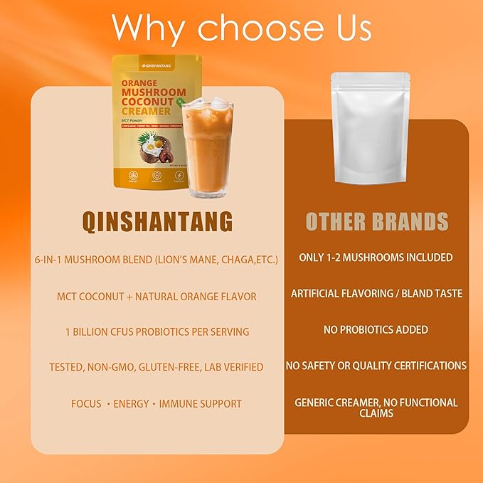 Mushroom Coffee Creamer, Orange Flavored, Probiotics, MCT Powder and 6 Mushrooms | Lion's Mane, Turkey Tail, Reishi, Maitake, Chaga, Cordyceps | Boosts Energy, Focus, Supports Immunity | Gluten-Free, Vegan, 6.35 Oz