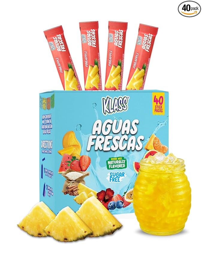 Klass Aguas Frescas | Drink Mix Packets | Pineapple Flavored | Sugar Free On-The-Go Packets, Low Calorie (40 Count Powder Stick Packs)