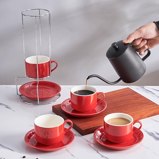 8 Ounce Porcelain Cappuccino Cups with Saucers and Silver Stand, Red Cups Set of 4