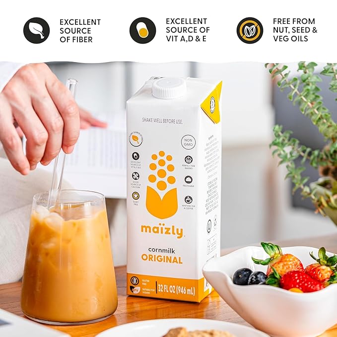 Maizly Original Corn Milk, Plant-Based Drink Made with Non-GMO Ingredients, Less Sugar, Gluten & Dairy-Free Alternative to Whole Milk, Non-Dairy Kosher Drink For Kids & Adults, 32 oz, Shelf Stable Pack of 6 Boxes