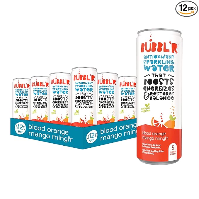 BUBBL'R blood orange mango mingl'r, Antioxidant Sparkling Water with Natural Caffeine, 0g Sugar, Gluten Free, All Natural Flavors, 12 Fl Oz Cans, 12 Count