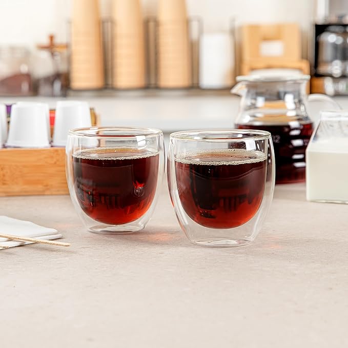 Restaurantware-Forma Professional 8.5 Ounce Double Wall Coffee Cups, 12 Insulated Latte Glasses - Dishwashable, Reusable, Clear Glass Beverage Cups, Freezable, For Hot Or Cold Beverages