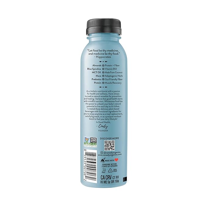 Remedy Organics Blue Essentials 12-Pack | Plant Based 8g Protein Shakes, Ready to Drink | USDA Organic, Gluten Free, Dairy Free, Soy Free