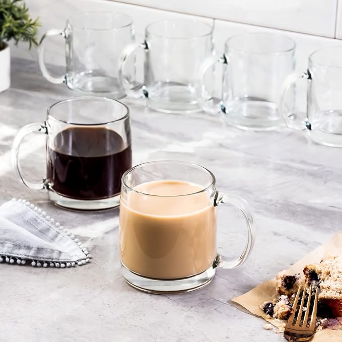 6-Pack Glass Coffee Infusion Mugs with Handle, Clear Tea cups Mugs, Espresso Cups Perfect for Cappuccino, Latte, Tea, Cafe Warm Beverage, Dishwasher & Microwave Safe.